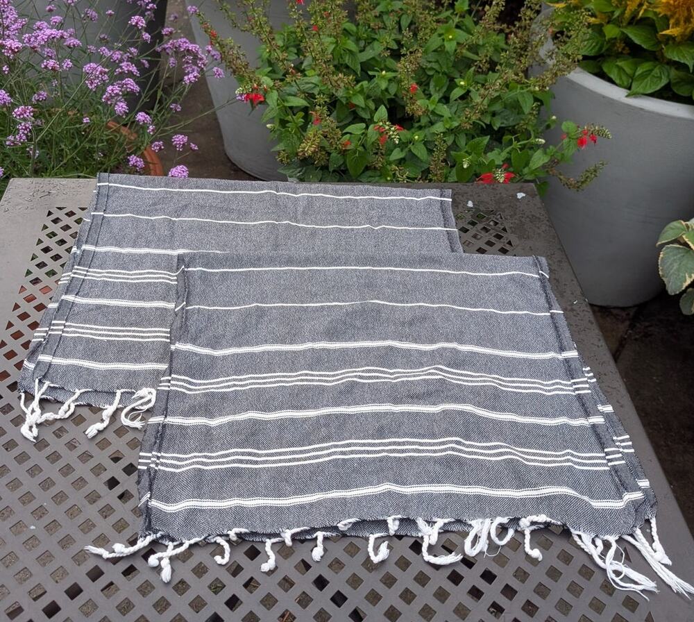 Set of 2 Gray White Striped Tassel Hand Towels